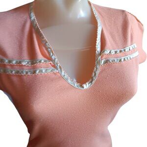 Vintage T-shirt Small 1980's Peach Blouse Disco Women's Satin Trimmed V-Neck